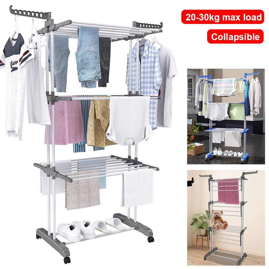 Foldable 3 Tier Clothes Airer Extra Large Indoor Outdoor Laundry Drying Rack With Wheels, 18m Drying Space