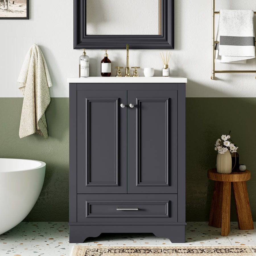 24 Bathroom Vanity With Ceramic Sink Combo, Modern Freestanding Storage Cabinet With Silver Handles, Soft Closing Doors