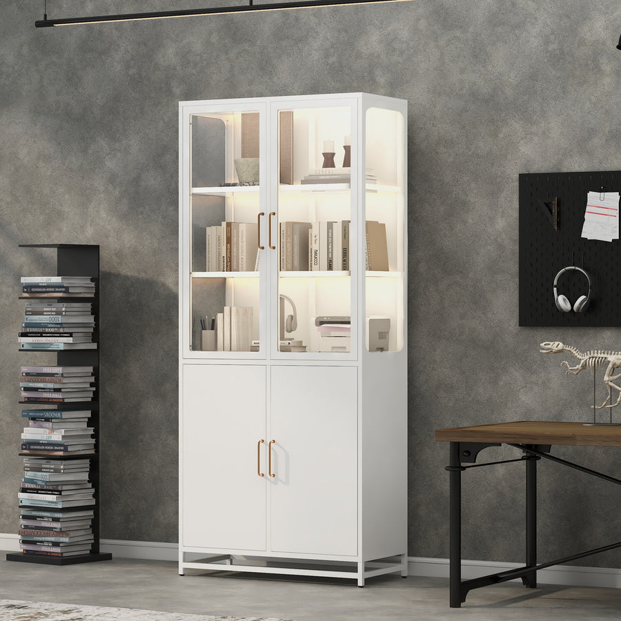 76.75 Tall Display Cabinet, With Glass Doors And LED Lights, Steel Curio Cabinet With 3-Sided Glass, Pantry Cabinet With Storage For Hallways, Livingroom Kitchen Home Decor & Office - White