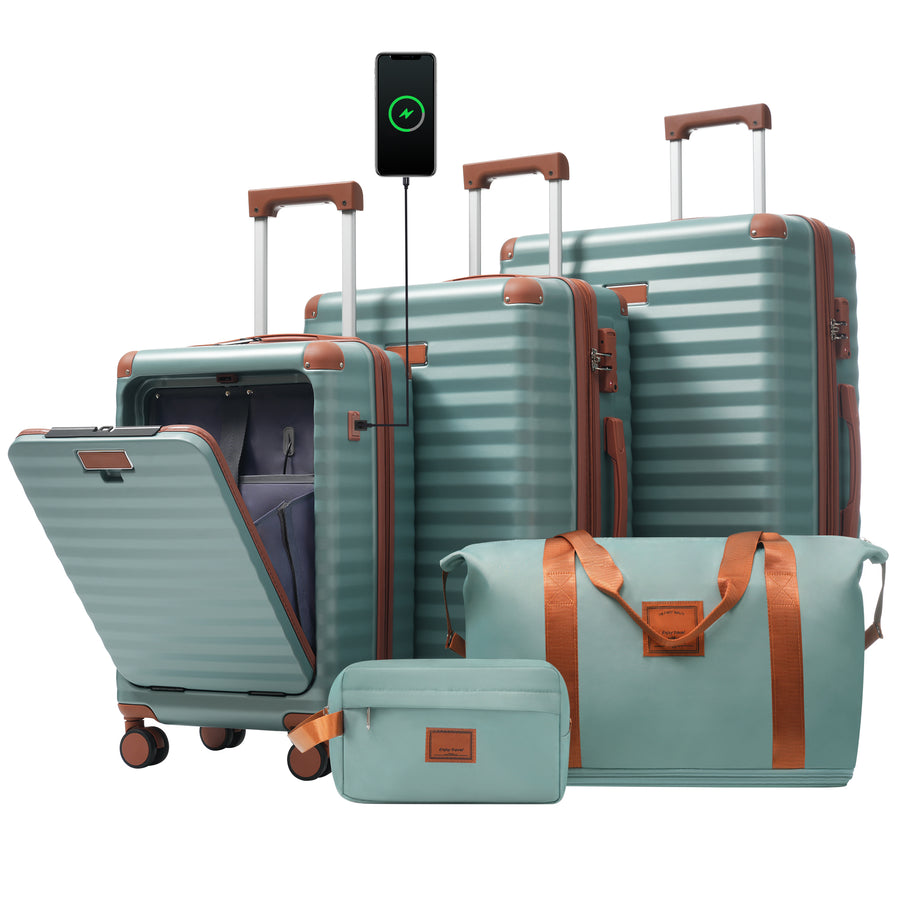 Luggage Sets 5 Piece With Front Opening , Hardside Expandable Carry On Suitcase With Spinner Wheels TSA Lock USB Port Cup Holder Duffel Bag And Toiletry Bag
