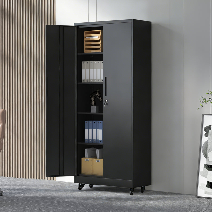 71H Metal Garage Storage Cabinet With Wheels And Lock, Heavy Duty Rolling Metal Cabinet, 4 Adjustable Shelves 180lb Each , 3-Point Locking Security, For Tool Organization In Garage, Workshop, Office