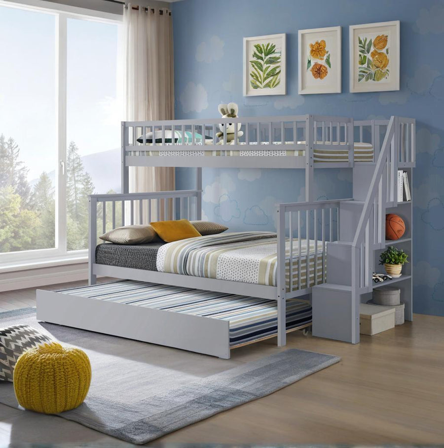 Twin Over Full Stairway Bunk Bed With Trundle,Gray