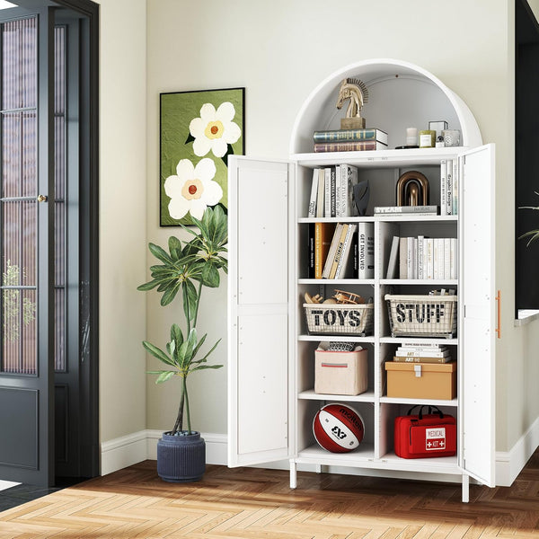 Tall Kitchen Pantry Cabinet, Arched Storage Cabinet With Doors And Adjustable Shelves, White Freestanding Cupboard For Laundry, Dining Room, Living Room, Bathroom