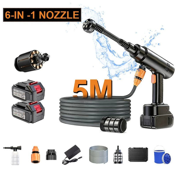 Portable 6-in-1 Cordless Car Washer With 2 Battery & Folding Bucket For Car Floor Garden Cleaning
