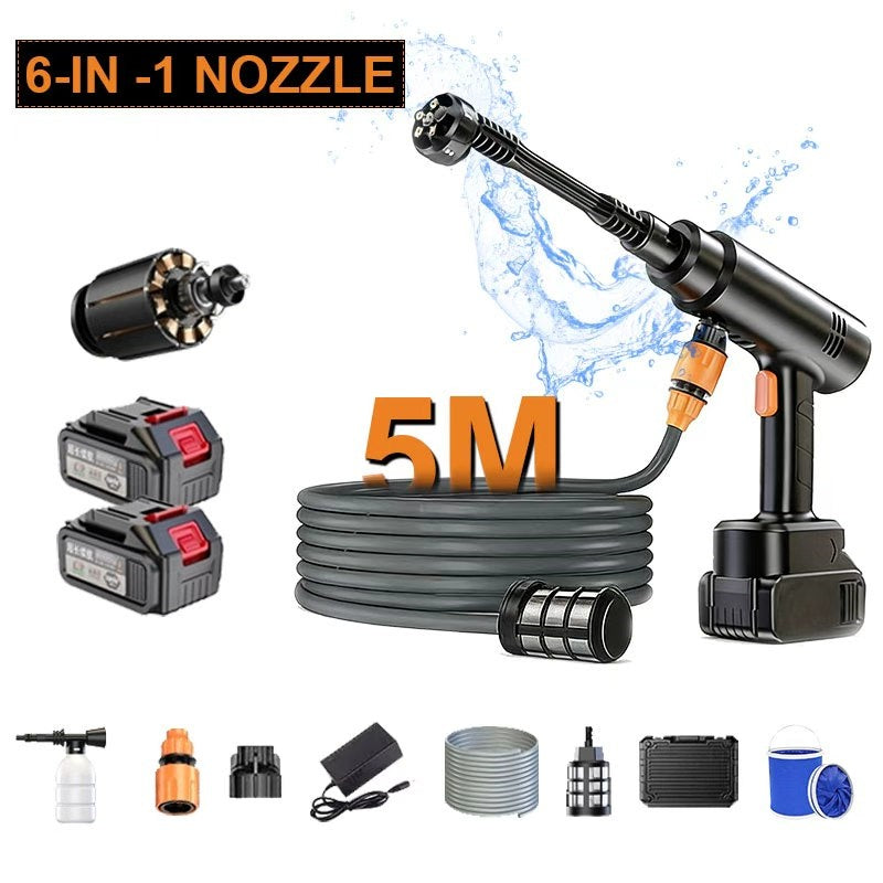 Portable 6-in-1 Cordless Car Washer With 2 Battery & Folding Bucket For Car Floor Garden Cleaning