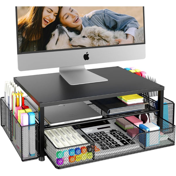 Desk Organizer And Accessories, 2 Tier Computer Monitor Stand Riser With Drawer And 2 Pen Holders, Laptop Stand, Office Desk Accessories For Office Supplies, Black