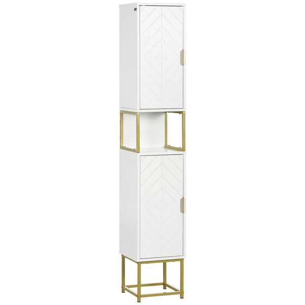 Kleankin Narrow Bathroom Storage Cabinet, Freestanding Tallboy Storage Unit With Adjustable Shelf, 2 Doors And Steel Base, Slim Corner Organizer, White