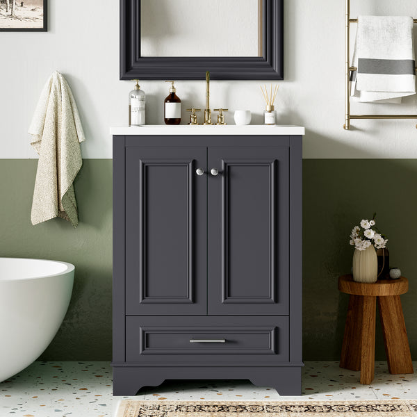 24 Bathroom Vanity With Ceramic Sink Combo, Modern Freestanding Storage Cabinet  With Silver Handles,  Soft Closing Doors