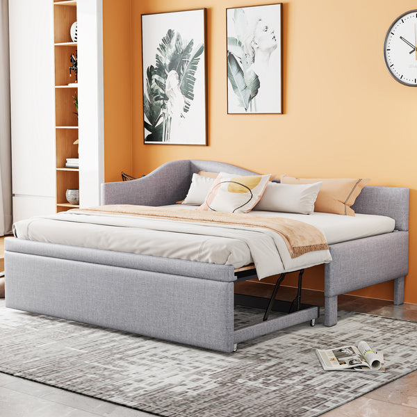 Twin Size Upholstered L-Shaped Upholstered Daybed With  Up Trundle, Gray