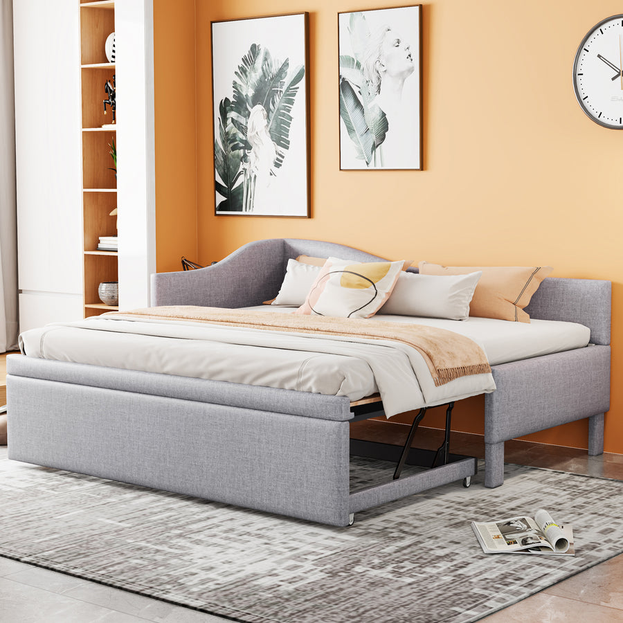 Twin Size Upholstered L-Shaped Upholstered Daybed With  Up Trundle, Gray