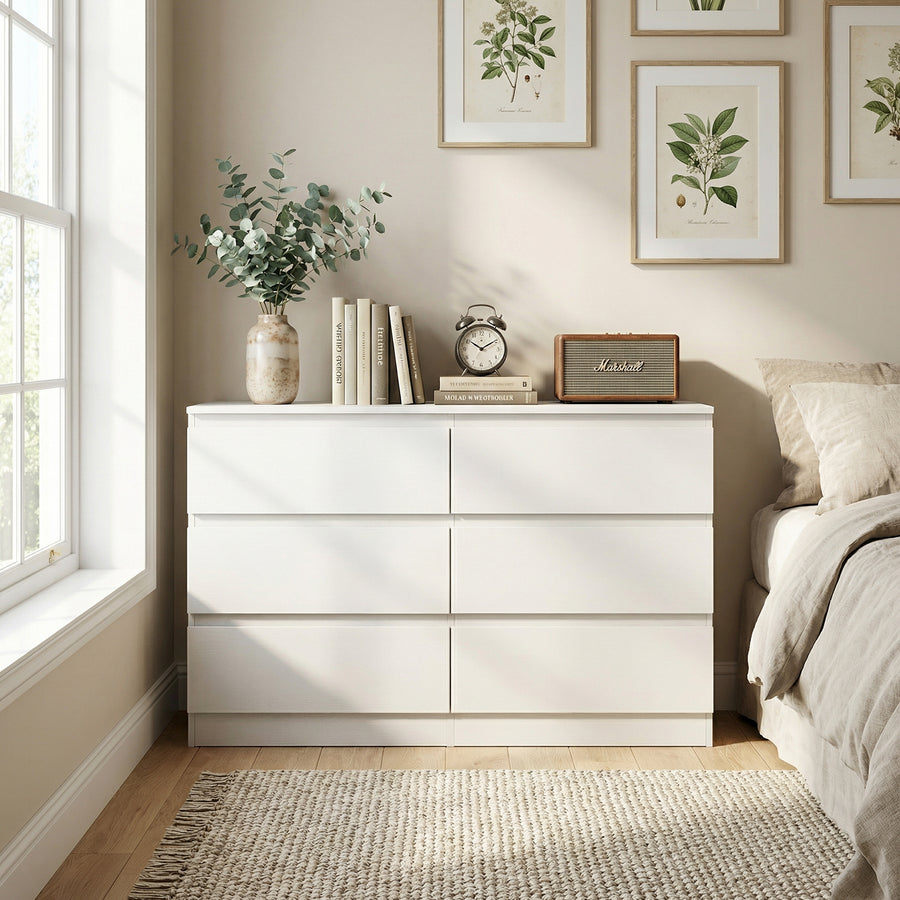 6 Drawer White Dresser, Modern Dresser For Bedroom With Spacious Countertop, Wood Storage Cabinet With Concealed Handles & 6 Deep Drawers For Bedroom, Living Room, Entryway, 15.7D X 47.2W X 30.9