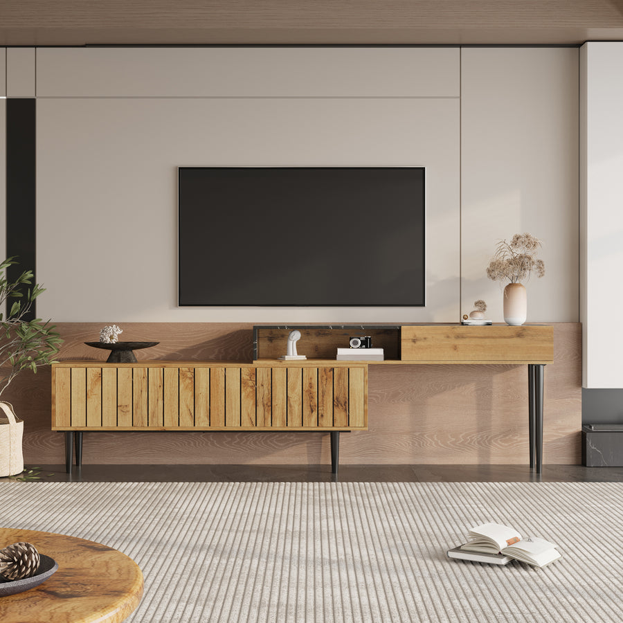 Modern TV Stand With Marble And Wood Grain Design, PVC Edge, Iron Legs, Dark Wood Color, Home Decoration, Space-saving, Durable And Long-lasting