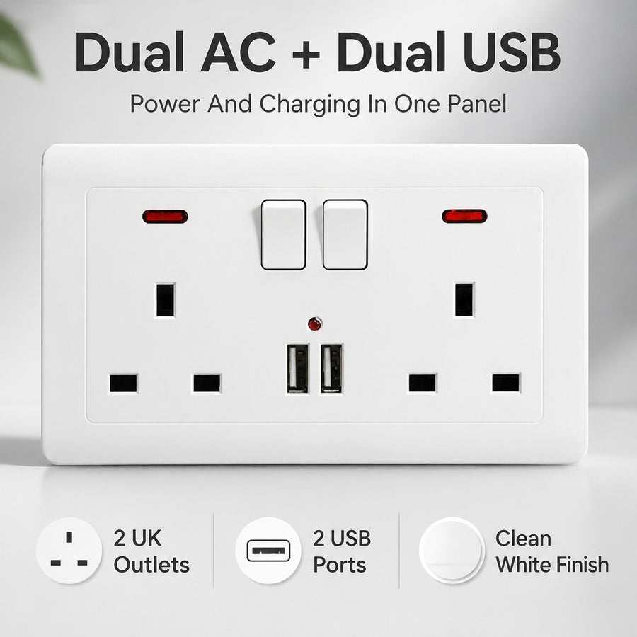 Double Wall Plug Socket 2 Gang 13A W  2 Charger USB  Outlets Flat Plate UK