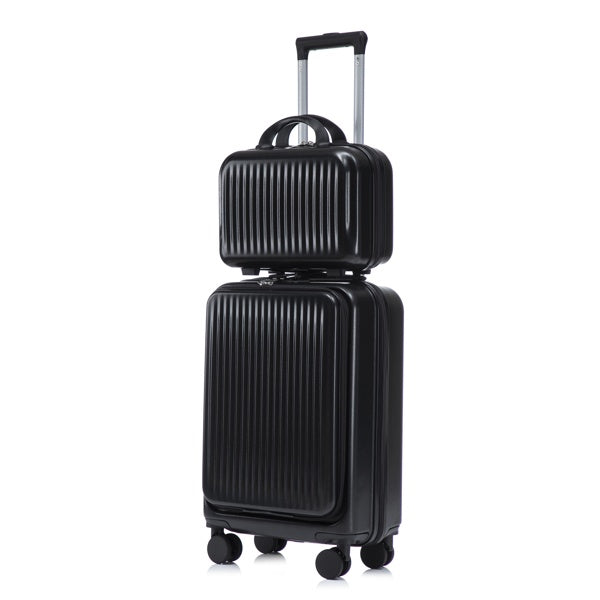 14inch 20inch 2 Pcs Set In ABS Spinner Wheel Luggage, With Combination Lock And Front Opening Design, 14inch Cosmetic Case Black