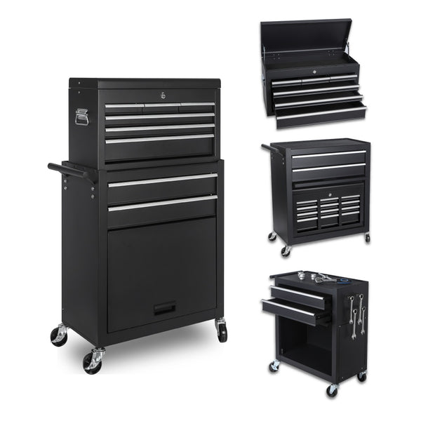 Tool Chest, 8-Drawer Rolling Tool Storage Cabinet With 2 In 1 Detachable Top Tool Box, Liner, Lockable Wheels, Side Hooks, Locking Mechanism, Metal Tool Cart For Garage