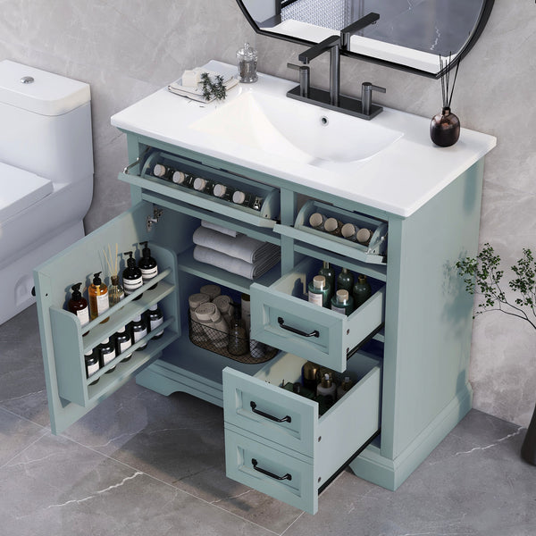 36  Bathroom Vanity With Sink, Ceramic Sink, 2 Tip-out Drawers, Soft Close Door Hinges, Grey