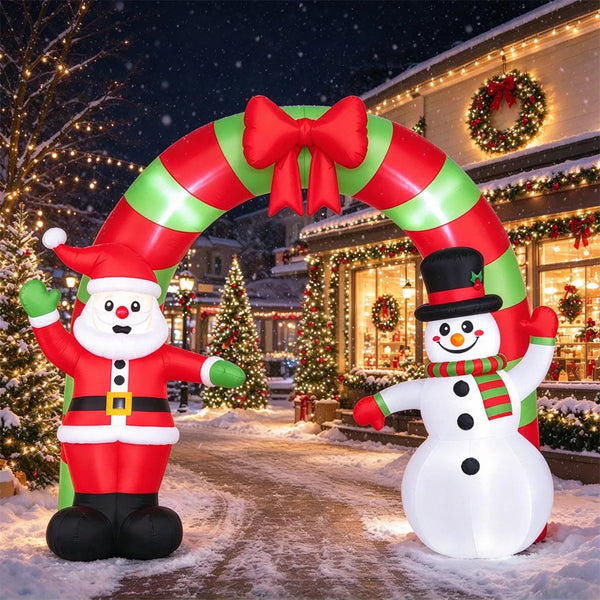 10 FT Christmas Inflatable Archway with Santa & Snowman, Built-in LED Lighted Blow Up Arch for Yard Garden Holiday Party, 210T Polyester with Stakes & Ropes