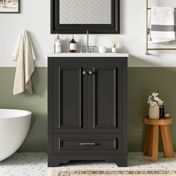 24'' Bathroom Vanity With Ceramic Sink Combo, Modern Freestanding Storage Cabinet  With Silver Handles,  Soft Closing Doors