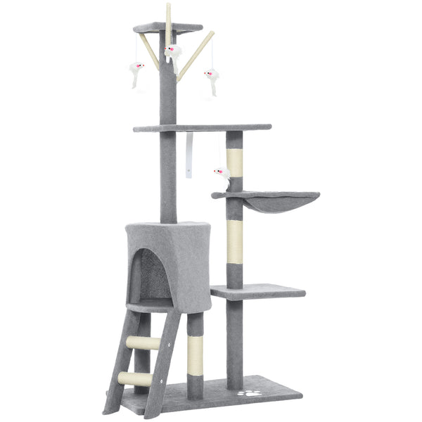 Kratzbaum Katzenbaum Mit Höhle, 4 Spielzeuge, Sisalstämme, Große Plattform, Treppe, Für Katzen Unter 5 Kg, Grau