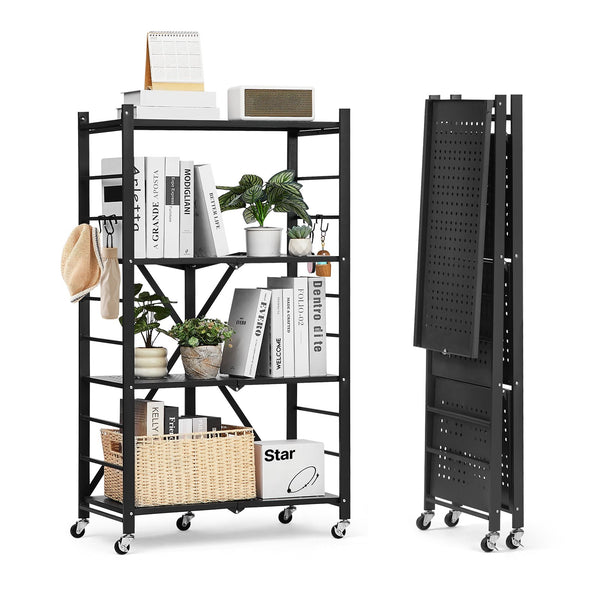 4 Etagen, Klappbare Regale Mit Rädern, 33x66x117cm, Faltbares Schwerlastregal, Montagefreies Standregal, Haushaltsregal, Küchenregal, Metallregal Für Garage, Küche, Keller, Schwarz