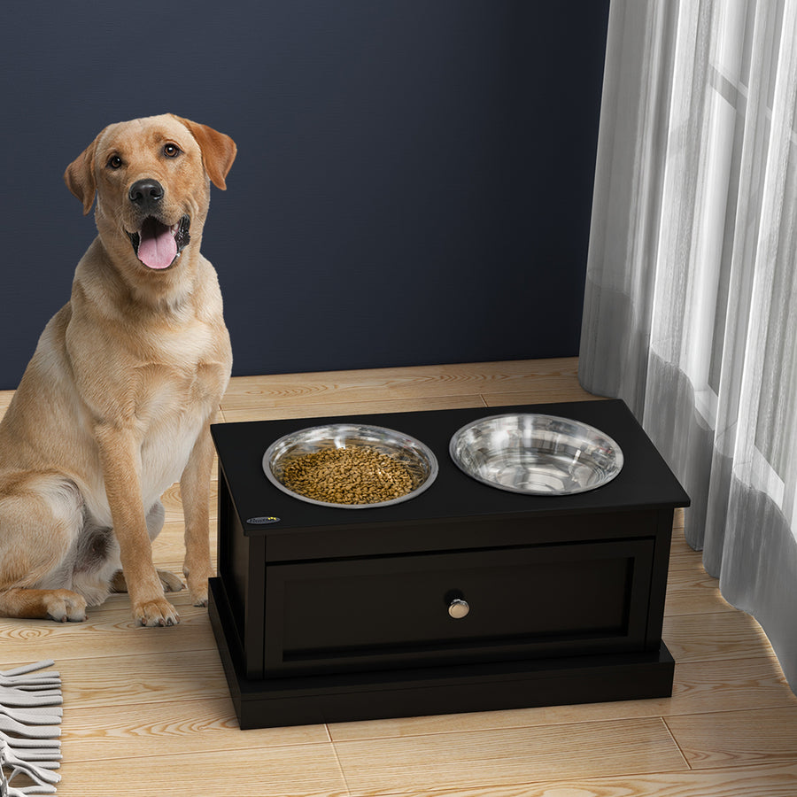 Elevated Dog Bowls with Storage Drawer, Raised Dog Bowl Stand Pet Food Bowl Dog Feeding Station, Black