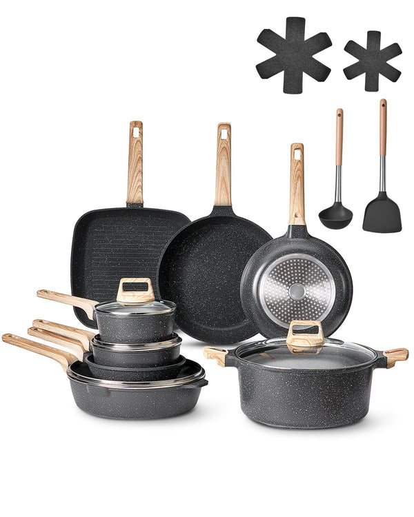 Induktion Töpfe Pfannen Set (19-teilig) Mit Glasdeckel, Antihaftbeschichtetes Kochgeschirr, Induktionskochtöpfe Für Die Küche Im Wohnmobil Zum Braten, Würzen Von Soßen Und Kochen (Schwarz)