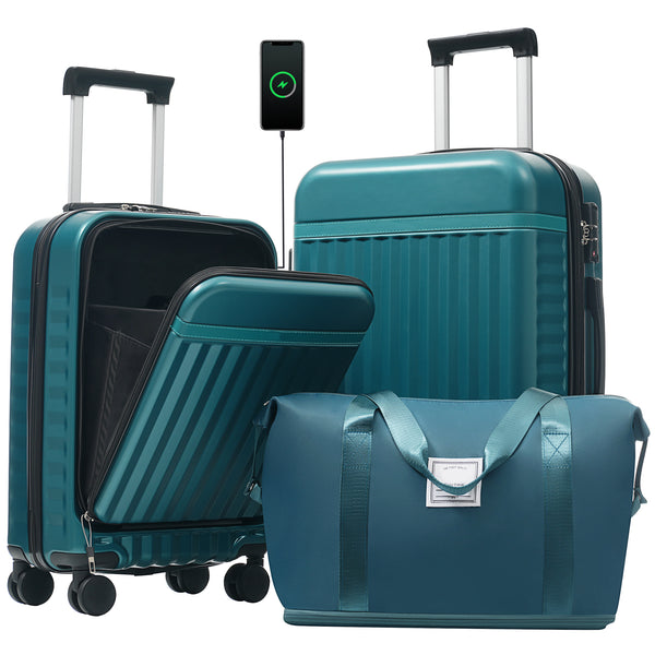 Front Opening Luggage Set 3 Piece, Hardside Carry On Suitcase With USB Port, Expandable Luggage With Handle Bag Spinner Wheels TSA Lock