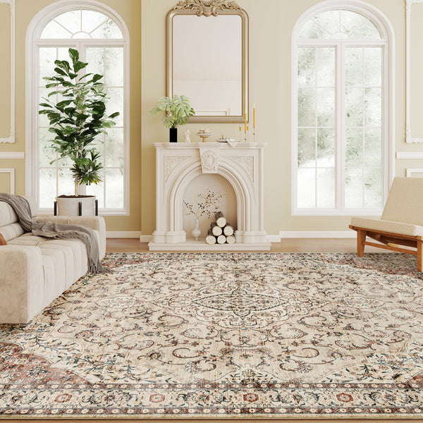 Area Rug 8x10, Machine Washable Rug, Non-Slip Classical Floral Print Floor Carpet for Living Room, Bedroom, Mixed-Brown