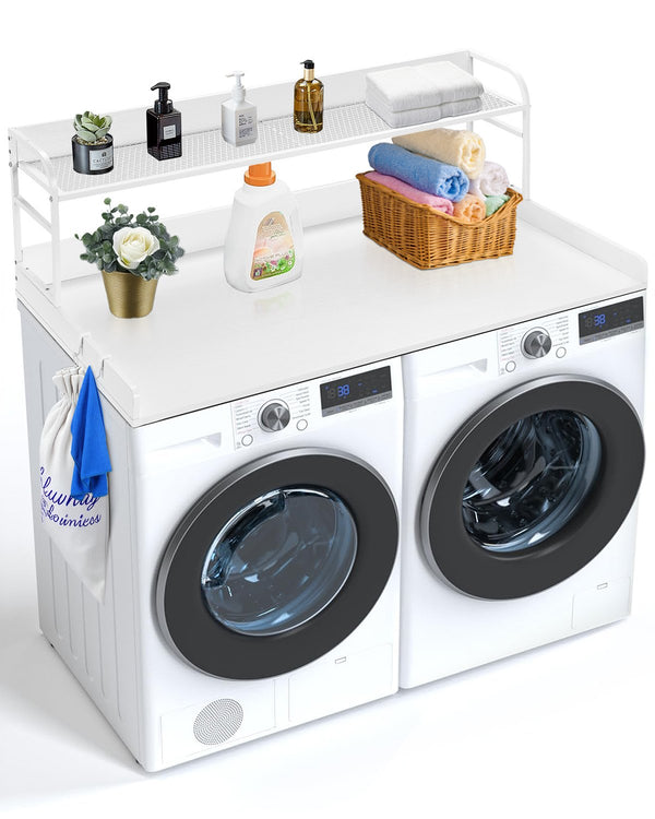 Arbeitsplatte Für Waschmaschine Und Trockner Mit 2-stufigem Regal (1370 X 700 X 419 Mm) Trommelregal Mit Anti-Rutsch-Pads, Wasserabweisende Wäscheauflage Für Aufbewahrung Weiß