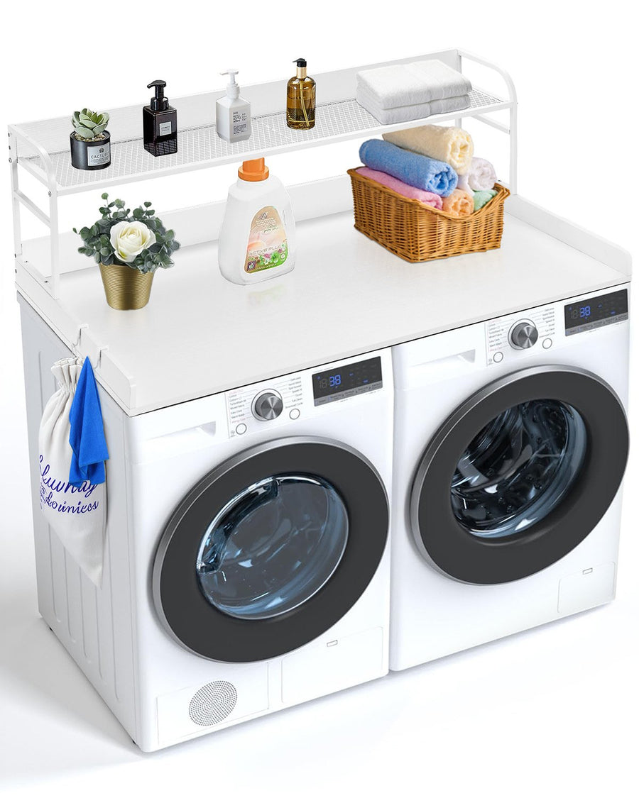 Arbeitsplatte Für Waschmaschine Und Trockner Mit 2-stufigem Regal (1370 X 700 X 419 Mm) Trommelregal Mit Anti-Rutsch-Pads, Wasserabweisende Wäscheauflage Für Aufbewahrung Weiß