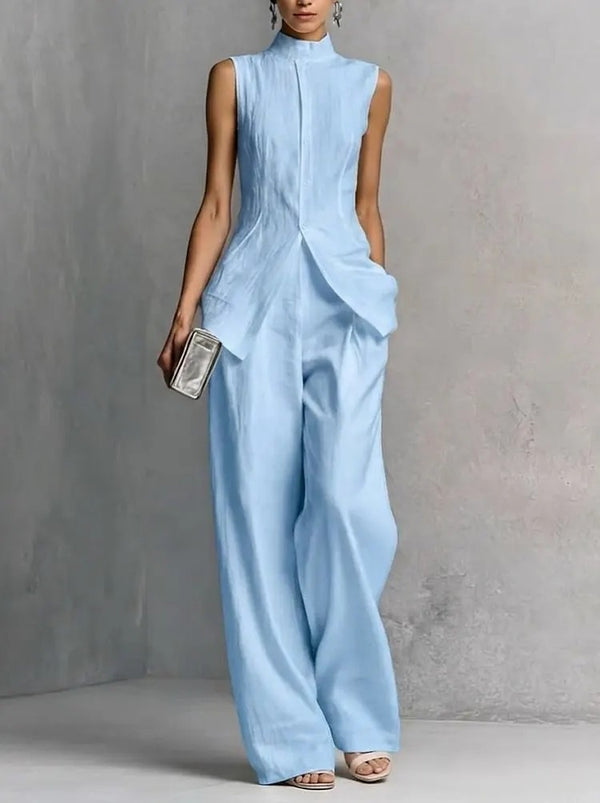 European And American Cross-Border Summer Casual Fashion Slim-Fit Sleeveless New Women's Solid Color Top And Wide-Leg Pants Two-Piece Set