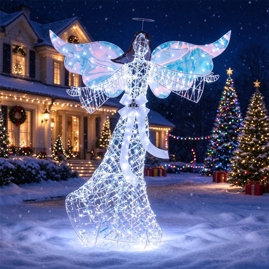 5.2 FT Pre-Lit Christmas Angel with Iridescent Robe & Wings, 230 Cold White LEDs, Metal Frame Lighted Angel Decoration for Yard Porch Indoor Outdoor Holiday Display