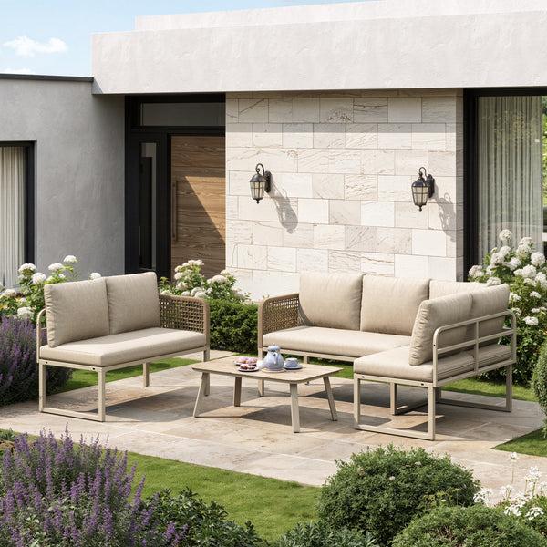 5-6 Seater Garden Furniture Set With Wood-look Tempered Glass Coffee Table, L-Shaped Corner Sofa With Polyester Rope, Weatherproof Outdoor Patio Dining Lounge Set For Balcony And Terrace, Linen, Beige