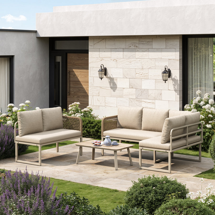 5-6 Seater Garden Furniture Set With Wood-look Tempered Glass Coffee Table, L-Shaped Corner Sofa With Polyester Rope, Weatherproof Outdoor Patio Dining Lounge Set For Balcony And Terrace, Linen, Beige