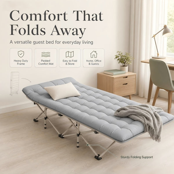 Heavy Duty Single Folding Bed Camping Travel Guest Lightweight With Grey Mat UK