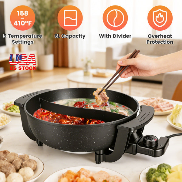 6L Electric Hot Pot With Divider 1100W Dual-Flavor Pot Shabu Shabu Pot Non-Stick With 5-Temp Control For Shabu Shabu Fondue Perfect For Family Gatherings & Parties