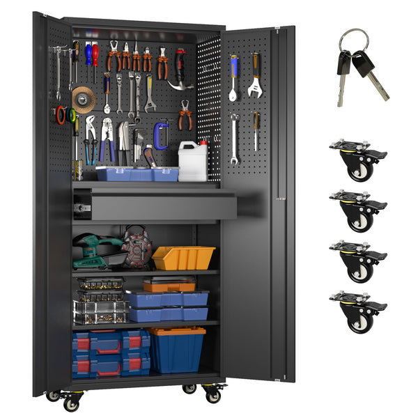 Metal Garage Cabinet With Wheels,71''H Rolling Lockable Steel Tool Cabinet With Pegboard & 1 Drawer For Garage,Home,Office Assembly Required,Black