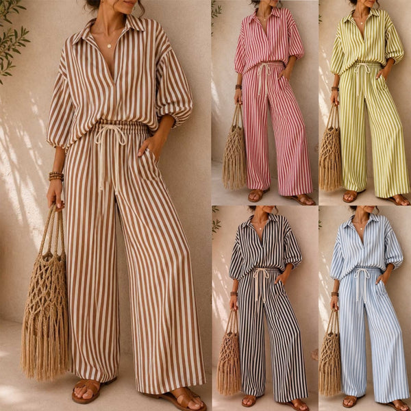 2026 European And American Women's Summer New Fashion Striped Long Sleeved Shirt Loose Pants Two-piece Set