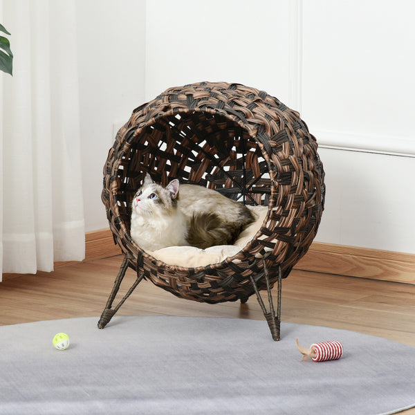 20.5" Weaved Cat Bed, Elevated Hand-woven Braided Banana Leaf Kitten House Condo with Cushion, Brown