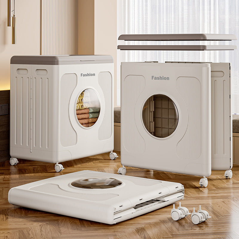 160L Wheeled Clothes-Folding Household Plastic Storage Basket With Hinged Lid