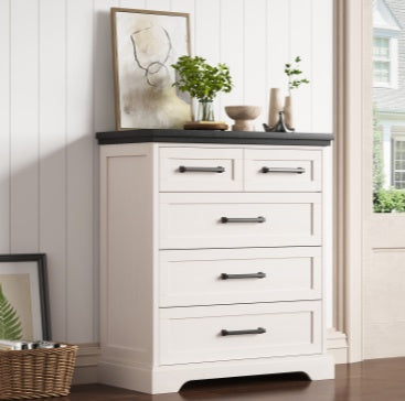 Only Do One Dropshipping Service----Country-style Five-drawer Chest Of Drawers, Black And White Contrasting Solid Wood Drawer Cabinet, Bedroom Storage And Storage Cabinet