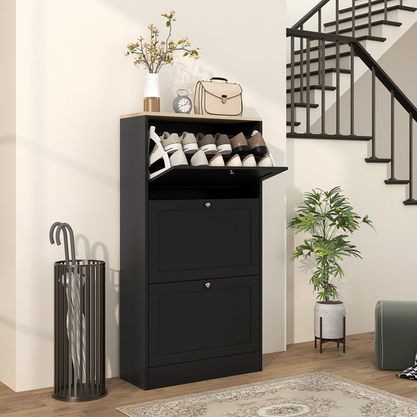 Modern Shoe Storage Cabinet with 3 Flip Drawers and Adjustable Shelves for 12-18 Pairs of Shoes, Black