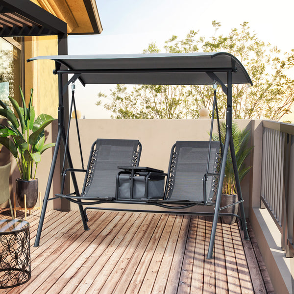 2-Seat Outdoor Porch Swing, with Pivot Storage Table, Cup Holder, & Adjustable Overhead Canopy, Stands Skid-Resistant Feet Pad, Breathable Mesh Seat, Steel Frame, for Patio, Gray