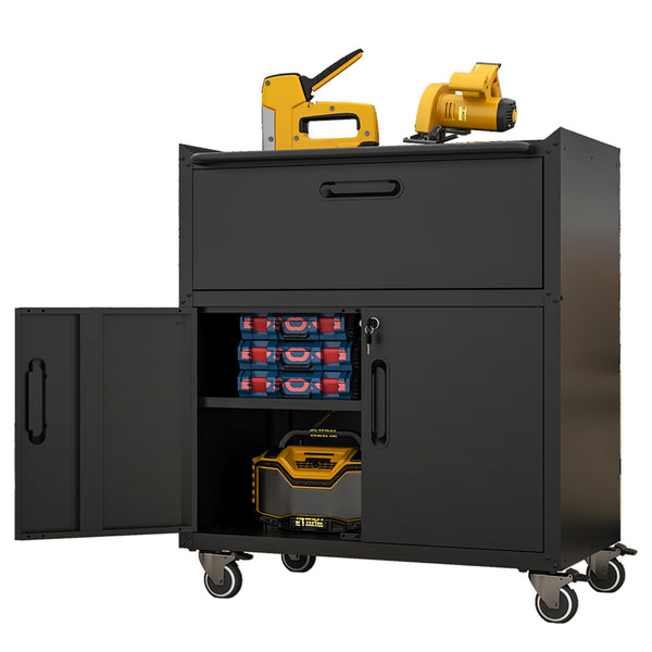 Sturdy And Durable Metal Tool Cabinet For Garage With Wheels - Mobile Heavy-Duty Storage Cabinet With 1 Drawer And 2 Locking Doors, Rolling Tool Storage Cabinet, Black And Gray