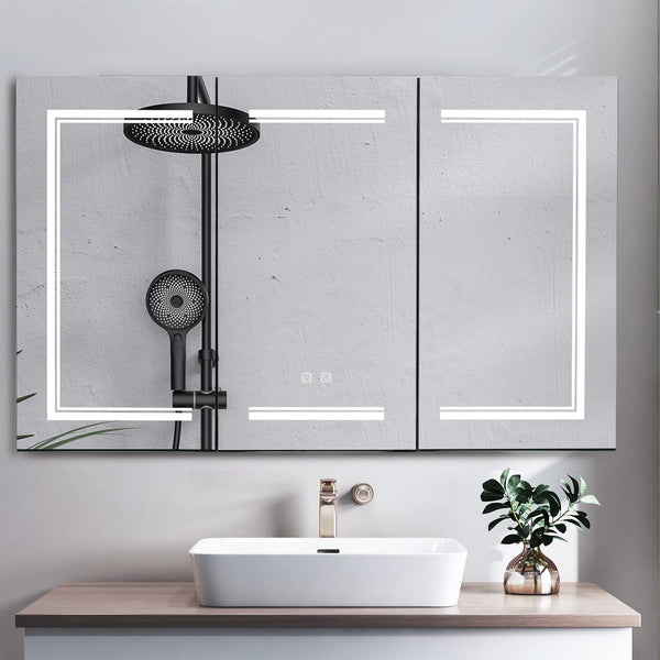 [] LED Bathroom Wall Cabinet, 3 Door Bathroom Mirror Cabinet, white
