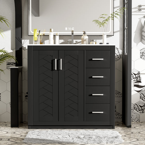 36 Bathroom Vanity With Ceramic Sink Combo,Solid Wood Frame Bathroom Storage Cabinet,Freestanding Vanity Set With 3 Drawers& Soft Closing Doors