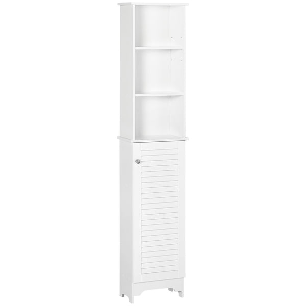 Tall Bathroom Cabinet, Freestanding Slim Bathroom Storage Unit With Adjustable Shelves And Shutter Door, Floor Storage Cupboard With 6 Shelves, 165H X 34W X 20D Cm, White