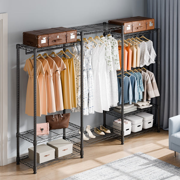 Heavy Duty Clothes Rack, Rolling Clothing Garment Rack With 4 Hang Rods & 8 Storage Tiers, Adjustable Custom Closet Rack, Freestanding Wardrobe For Hanging Clothes, 800 Lbs Load Capacity