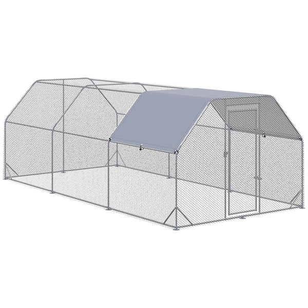 PawHut Large Chicken Coop Metal Chicken Run With Waterproof And Anti-UV Cover, Flat Shaped Walk In Fence Cage Hen House For Outdoor And Yard Farm Use, 1 Tube Diameter, 9.2 X 18.7 X 6.4