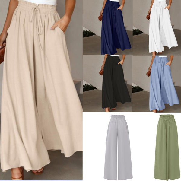 Women Summer High Waist Long Culottes Elastic Waist Wide Leg Casual Pants
